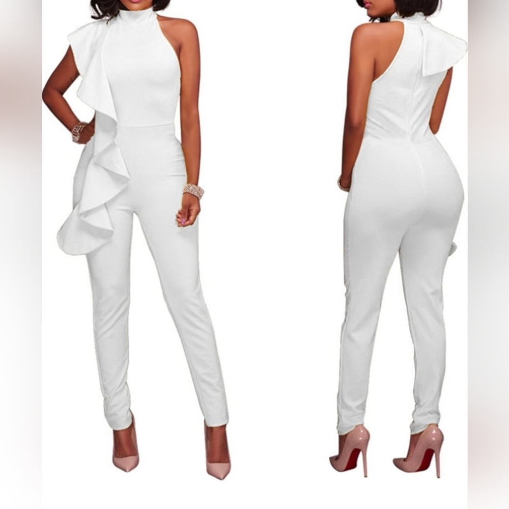 Women's Solid Ruffle Strapless High Waist Clubwear Long Pants Jumpsuit Romper